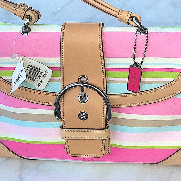 COACH HAMPTON STRIPE VACHETTA HAND BAG NEW WITH TAGS VINTAGE PINK - Picture 2 of 15